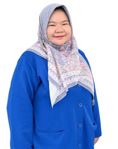 Smiling Woman in Floral Hijab and Blue Uniform