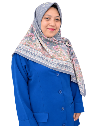Smiling Woman in Patterned Hijab and Blue Uniform
